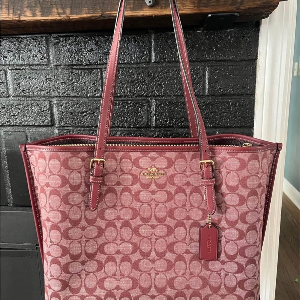Coach Red Signature Tote Bag with Leather Trim